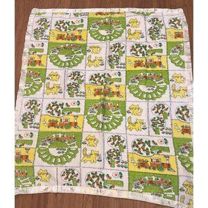 Vintage Handmade Baby Blanket Retro 1970s Bright Cats Orange Yellow Green